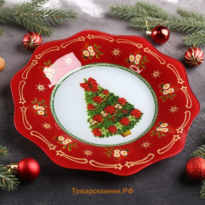 Тарелка  «Новогодняя ель», d=25 см, стекло, красная