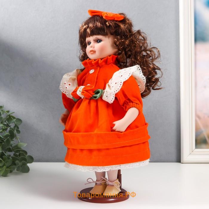 Кукла коллекционная керамика "Агата в ярко-оранжевом платье и банте, с рюшами" 30 см