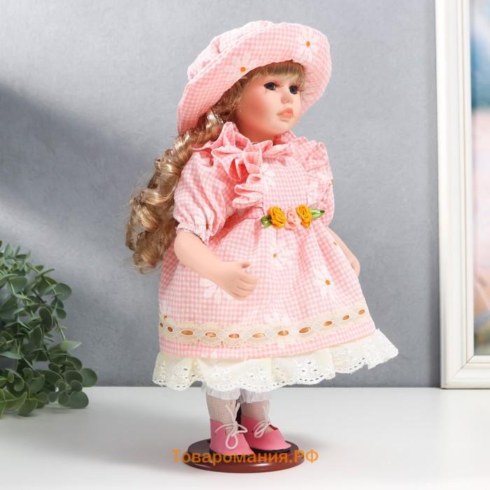 Кукла коллекционная керамика "Маша в розовом платье в клетку с ромашками, в шляпке" 30 см