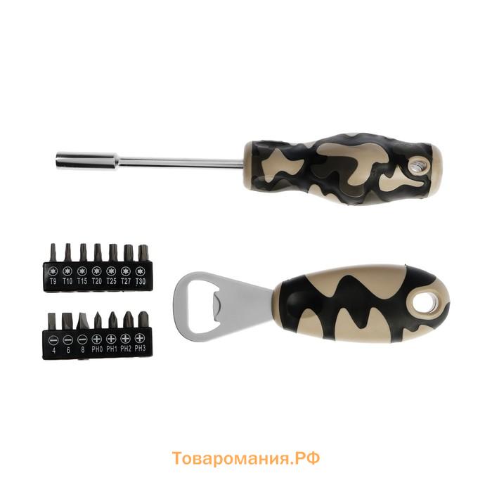 Набор инструментов ТУНДРА «23 ФЕВРАЛЯ», открывашка, отвертка с битами, 16 предметов