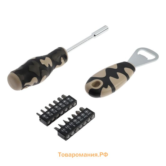 Набор инструментов ТУНДРА «23 ФЕВРАЛЯ», открывашка, отвертка с битами, 16 предметов
