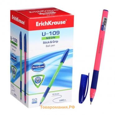 Ручка шариковая ErichKrause U-109 Neon Stick&Grip. узел 1.0 мм, корпус микс трехгранный, чернила синие