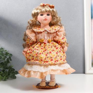 Кукла коллекционная керамика "Тося в кремовом платье с цветочками, с бантом в волосах" 30 см   75861
